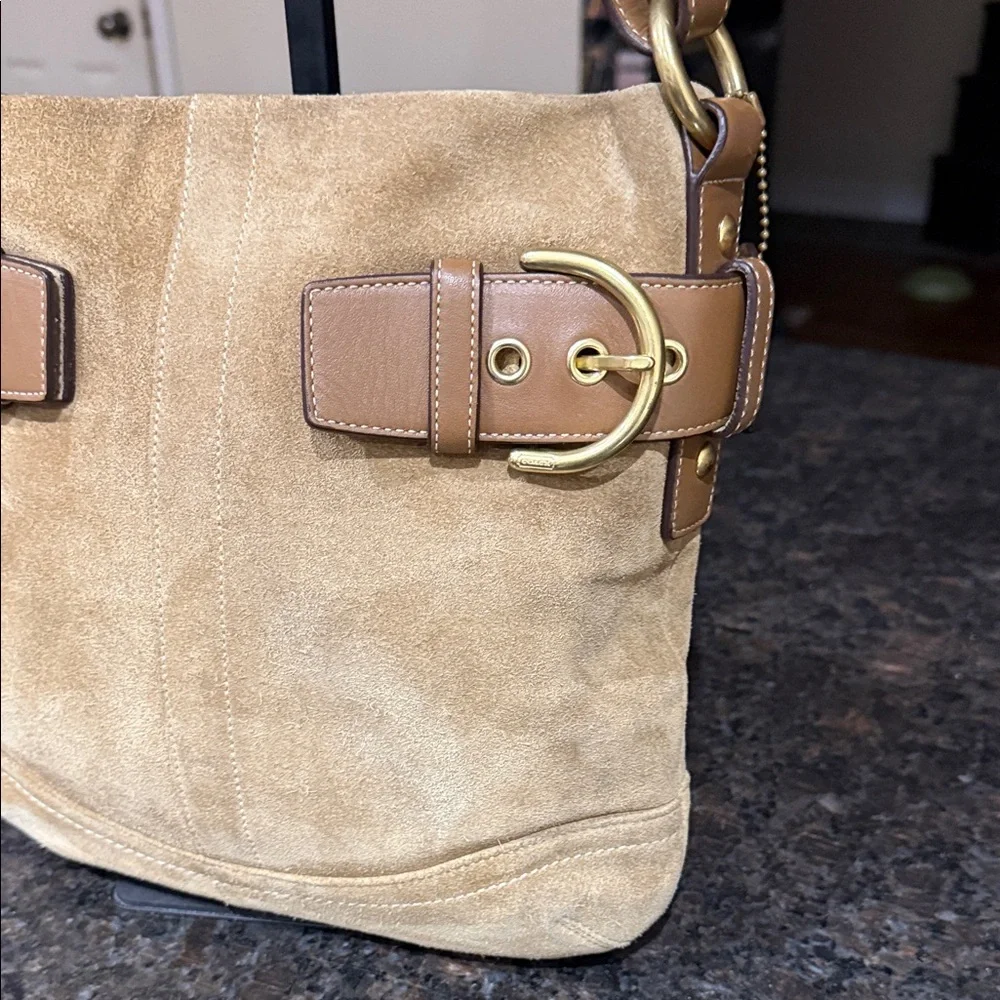 Coach Tan Suede SoHo Buckle Shoulder Bag with Buckle Accents